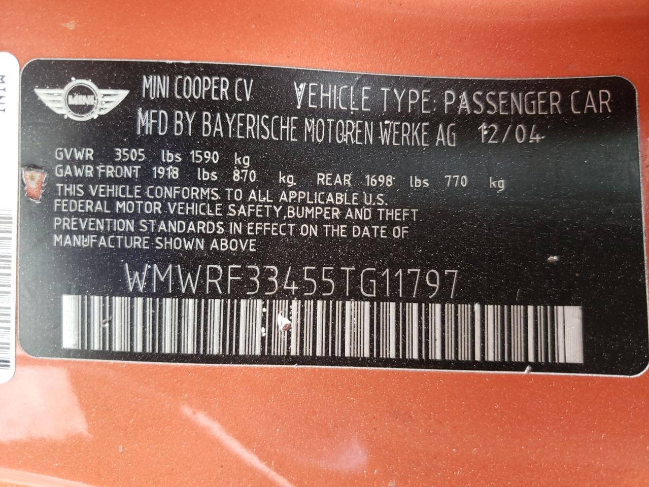 Photo 10 from auction – 2005 MINI COOPER with VIN WMWRF33455TG11797