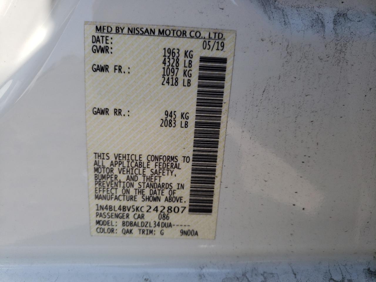 Photo 10 from auction – 2019 NISSAN ALTIMA S with VIN 1N4BL4BV5KC242807