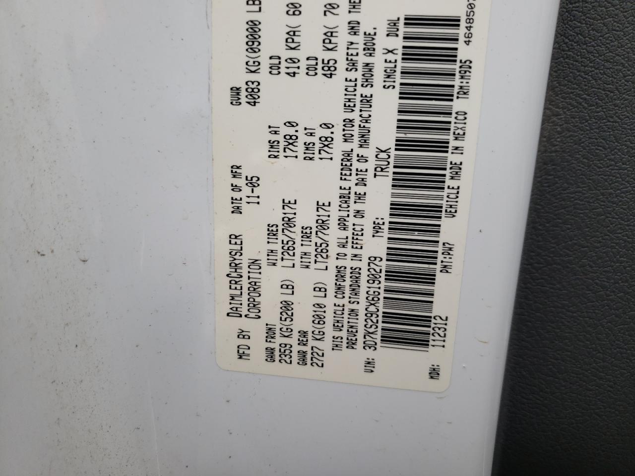 Photo 10 from auction – 2006 DODGE RAM 2500 with VIN 3D7KS29CX6G190279