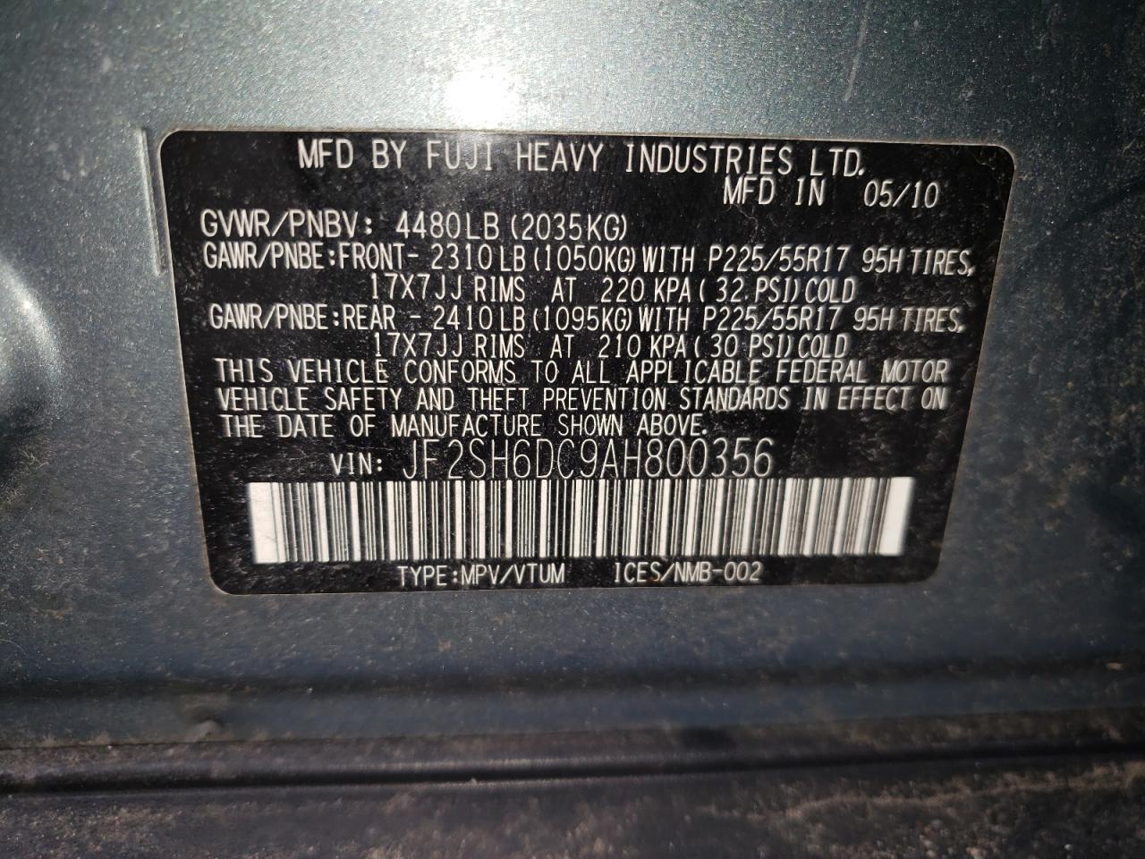 Photo 10 from auction – 2010 SUBARU FORESTER 2 with VIN JF2SH6DC9AH800356