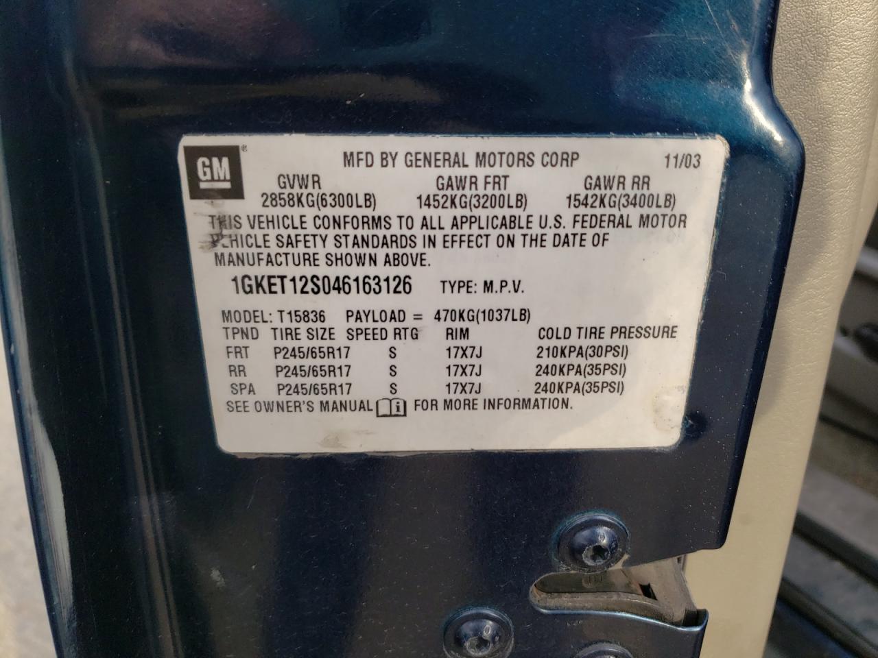Photo 10 from auction – 2004 GMC ENVOY XUV with VIN 1GKET12S046163126