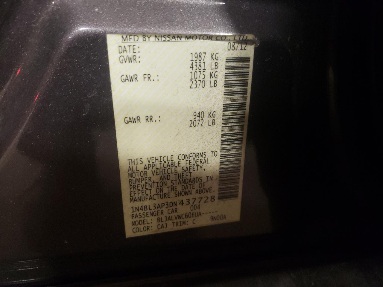 Photo 10 from auction – 2013 NISSAN ALTIMA 3.5 with VIN 1N4BL3AP3DN437728