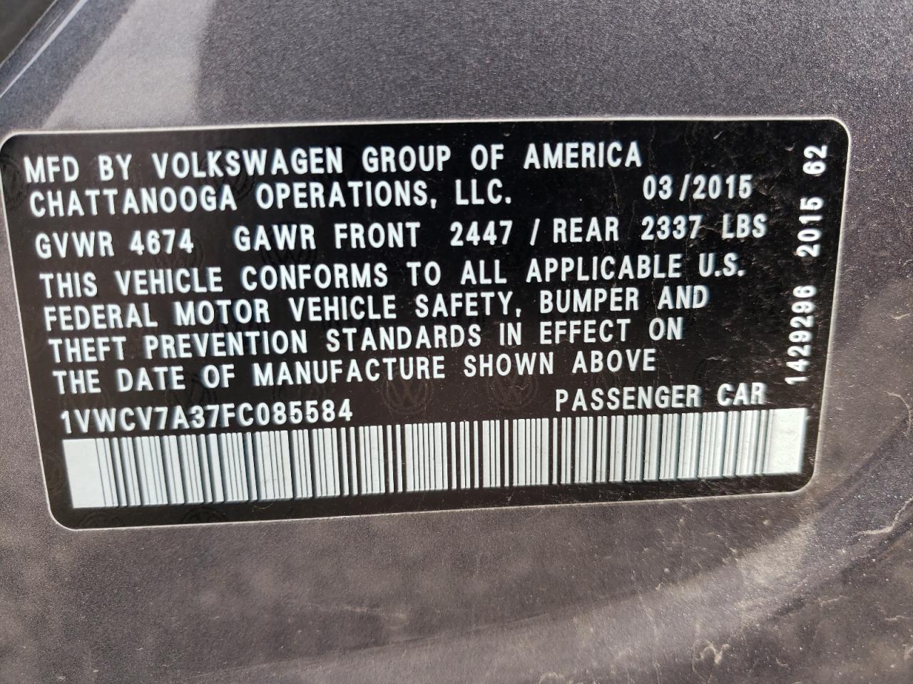 Photo 10 from auction – 2015 VOLKSWAGEN PASSAT SEL with VIN 1VWCV7A37FC085584