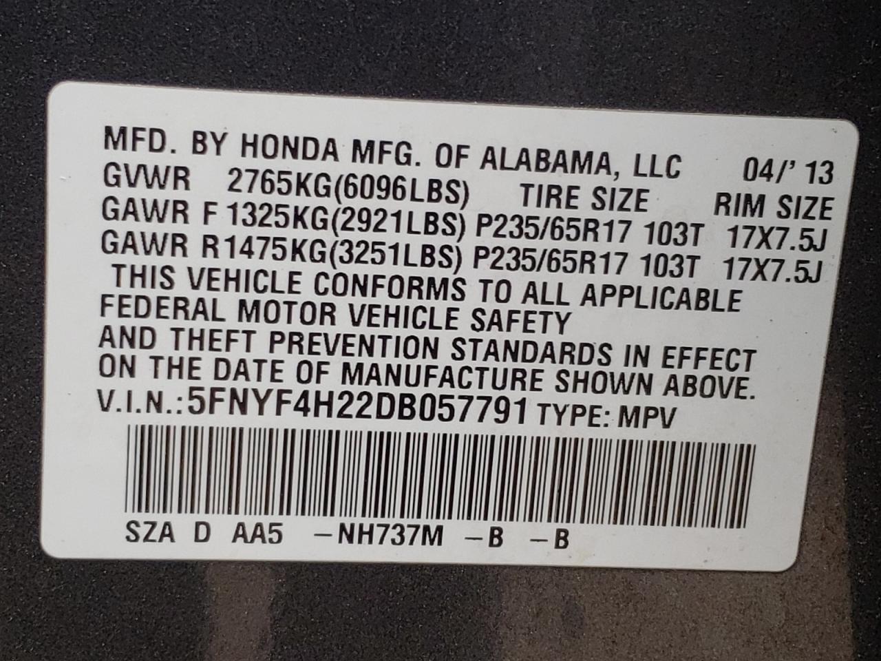Photo 10 from auction – 2013 HONDA PILOT LX with VIN 5FNYF4H22DB057791