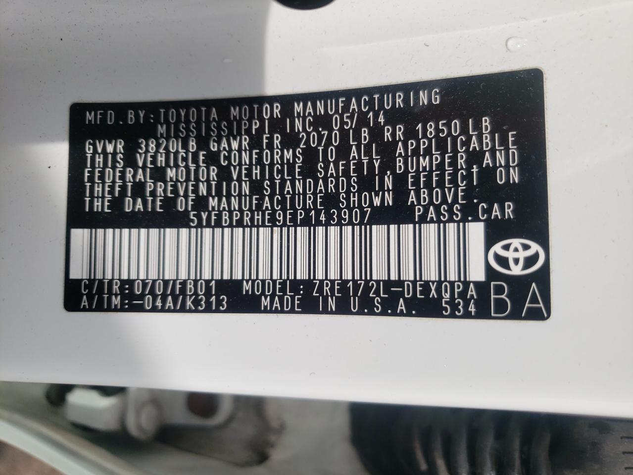 Фото 10 с аукциона – 2014 TOYOTA COROLLA EC с VIN 5YFBPRHE9EP143907