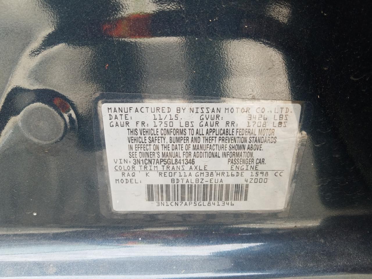 Photo 10 from auction – 2016 NISSAN VERSA S with VIN 3N1CN7AP5GL841346