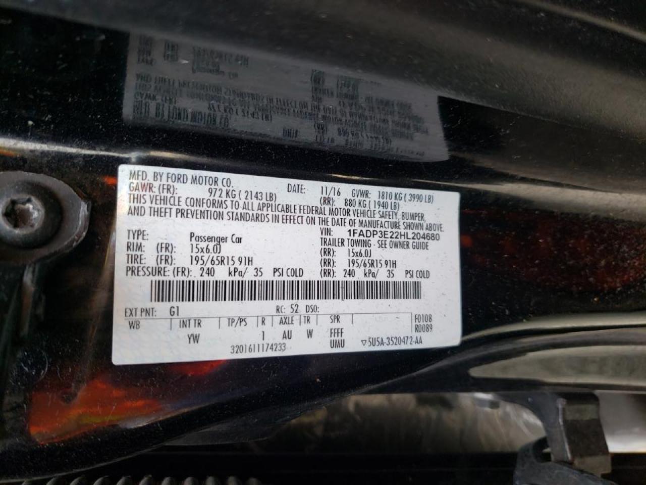 Photo 10 from auction – 2017 FORD FOCUS S with VIN 1FADP3E22HL204680
