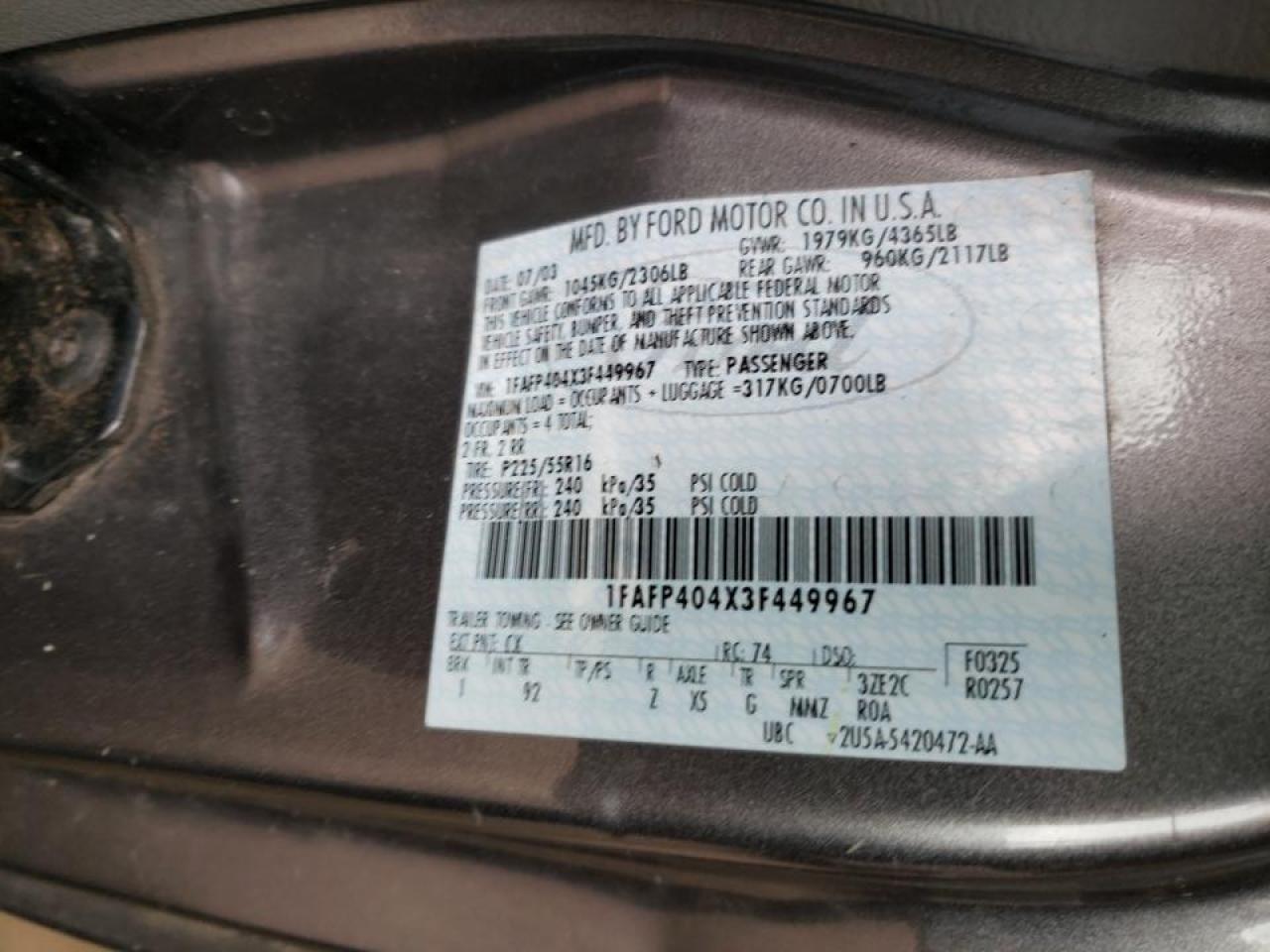 Photo 10 from auction – 2003 FORD MUSTANG with VIN 1FAFP404X3F449967