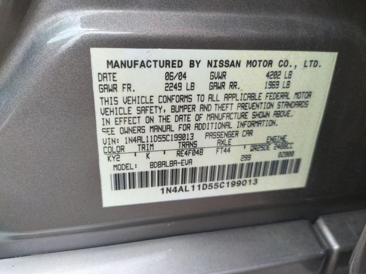Photo 10 from auction – 2005 NISSAN ALTIMA S with VIN 1N4AL11D55C199013