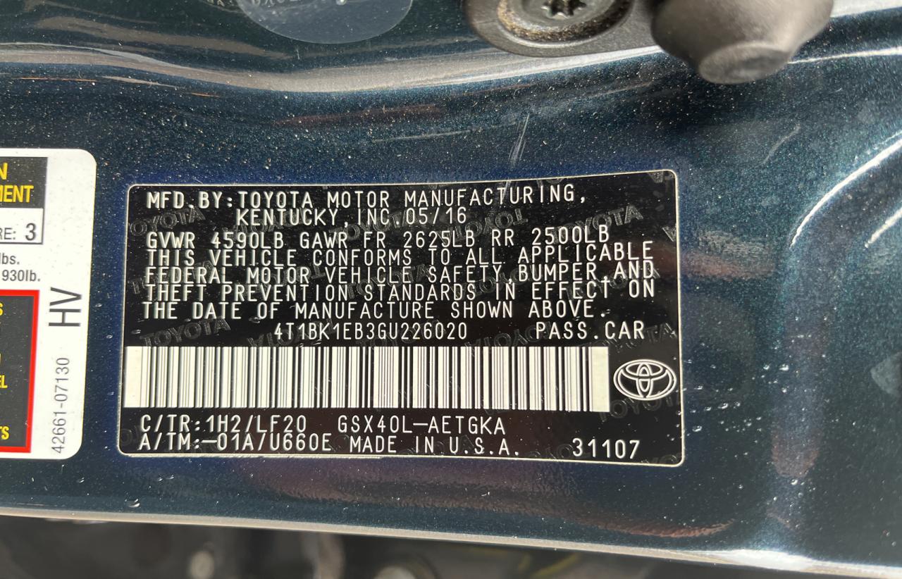 Photo 10 from auction – 2016 TOYOTA AVALON XLE with VIN 4T1BK1EB3GU226020