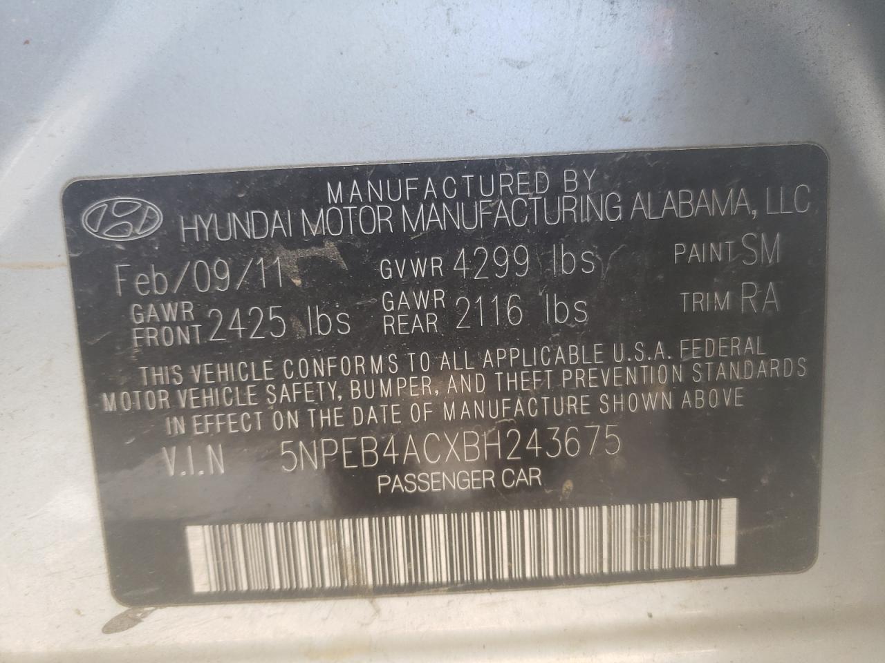 Photo 10 from auction – 2011 HYUNDAI SONATA GLS with VIN 5NPEB4ACXBH243675