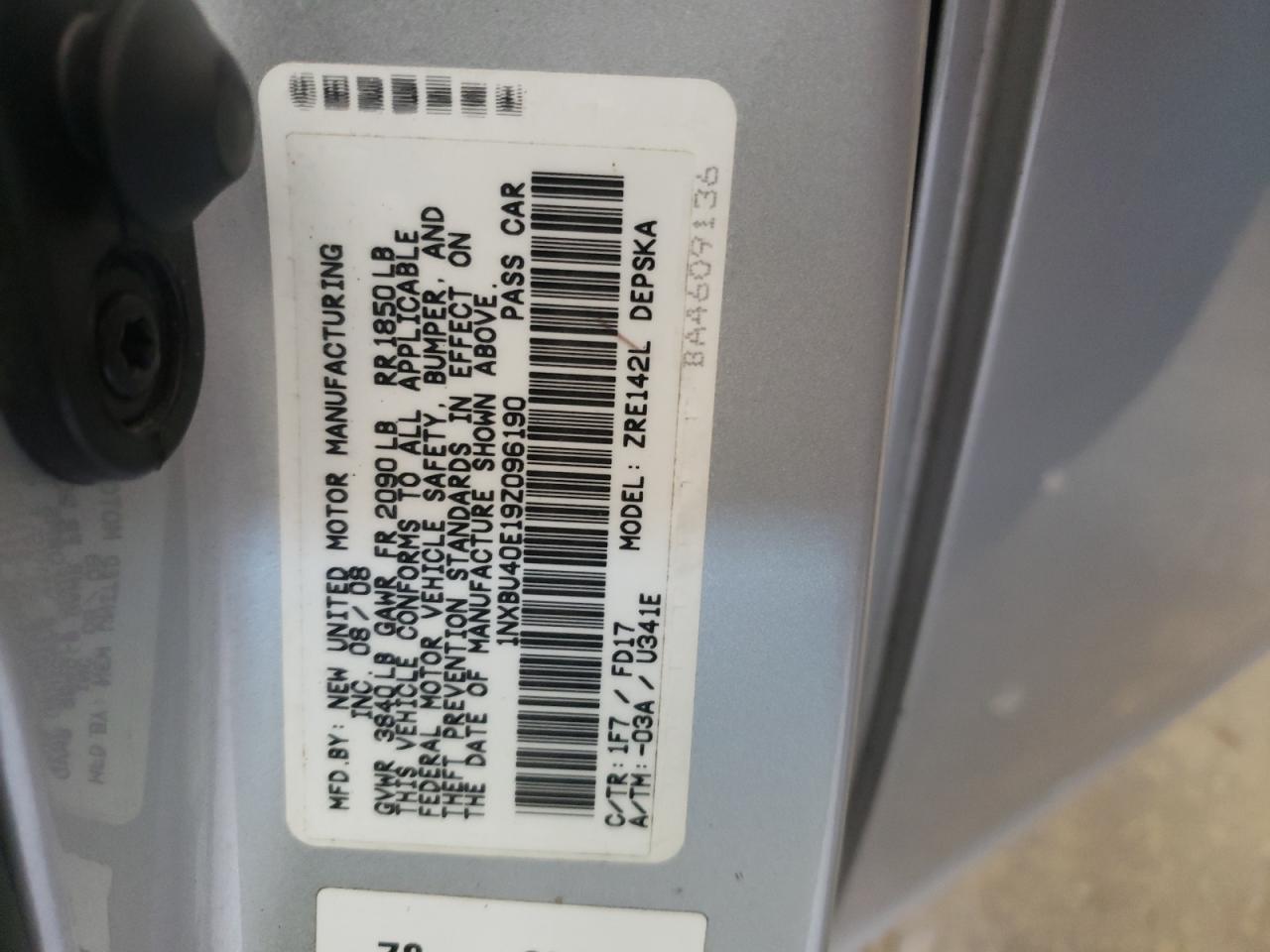 Photo 10 from auction – 2009 TOYOTA COROLLA BA with VIN 1NXBU40E19Z096190