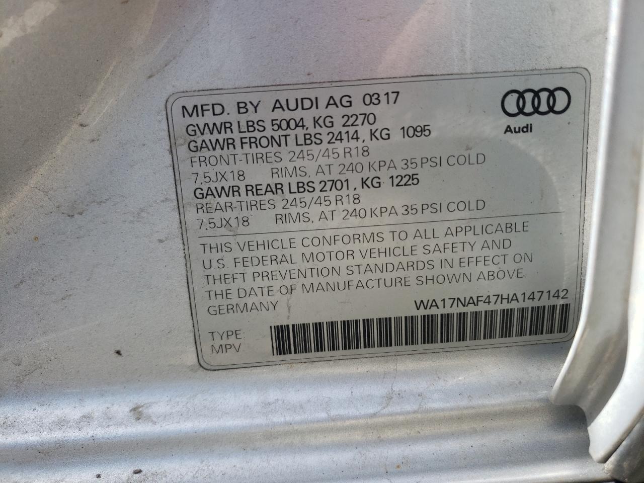 Zdjęcie 10 z aukcji – 2017 AUDI A4 ALLROAD z VIN WA17NAF47HA147142