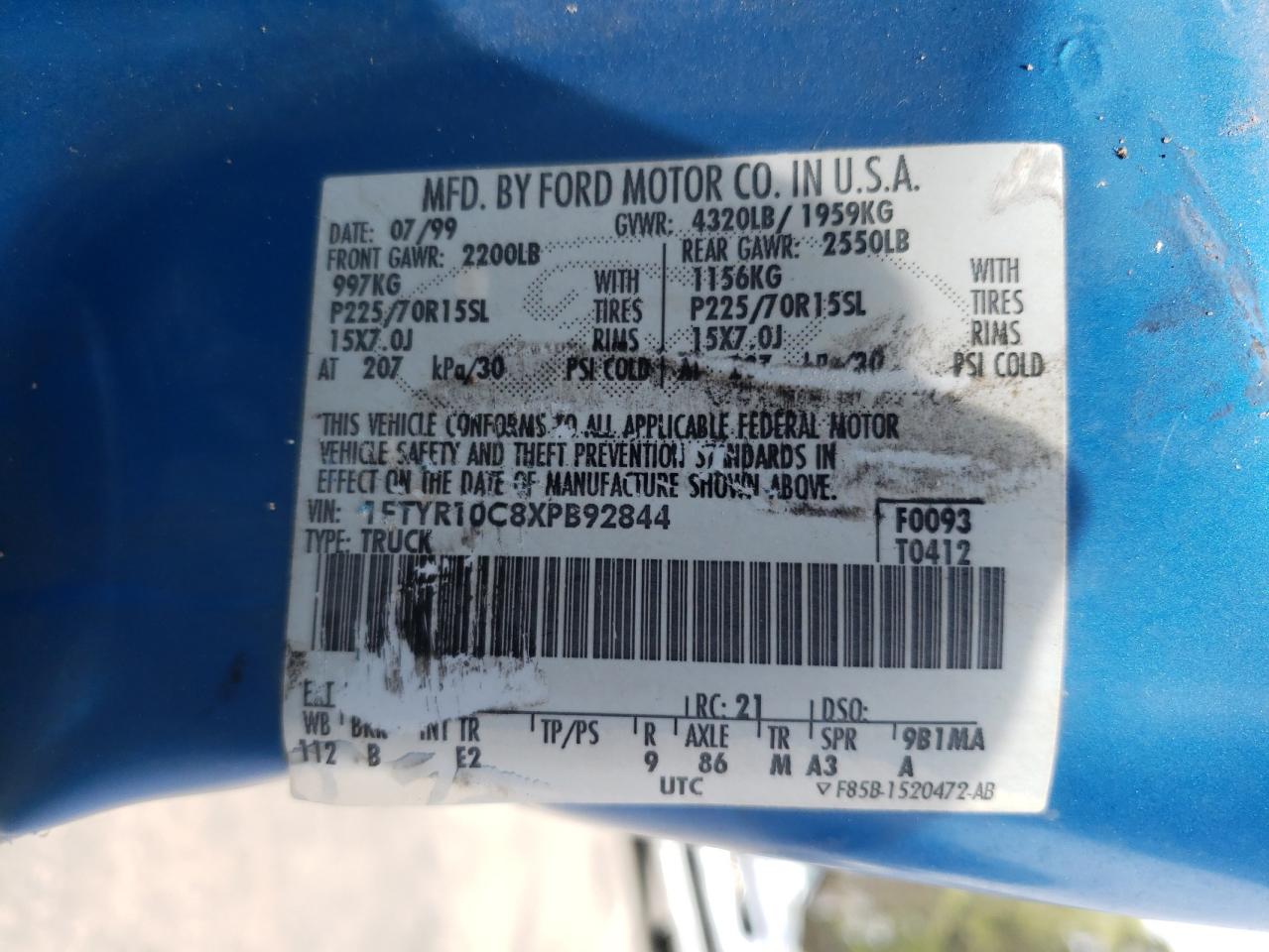 Photo 10 from auction – 1999 FORD RANGER with VIN 1FTYR10C8XPB92844