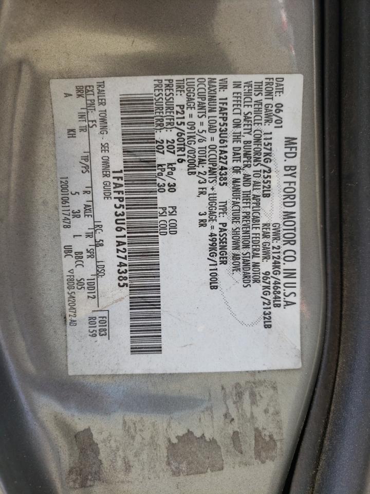 Photo 10 from auction – 2001 FORD TAURUS SE with VIN 1FAFP53U61A274385