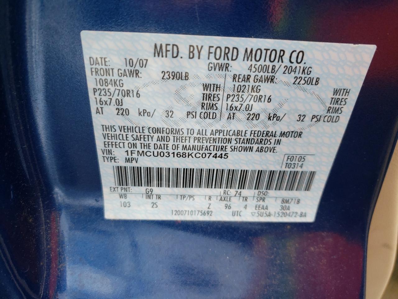 Photo 10 from auction – 2008 FORD ESCAPE XLT with VIN 1FMCU03168KC07445