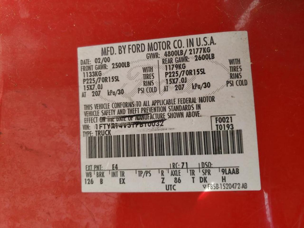 Zdjęcie 10 z aukcji – 2000 FORD RANGER SUP z VIN 1FTYR14V3YPB10032