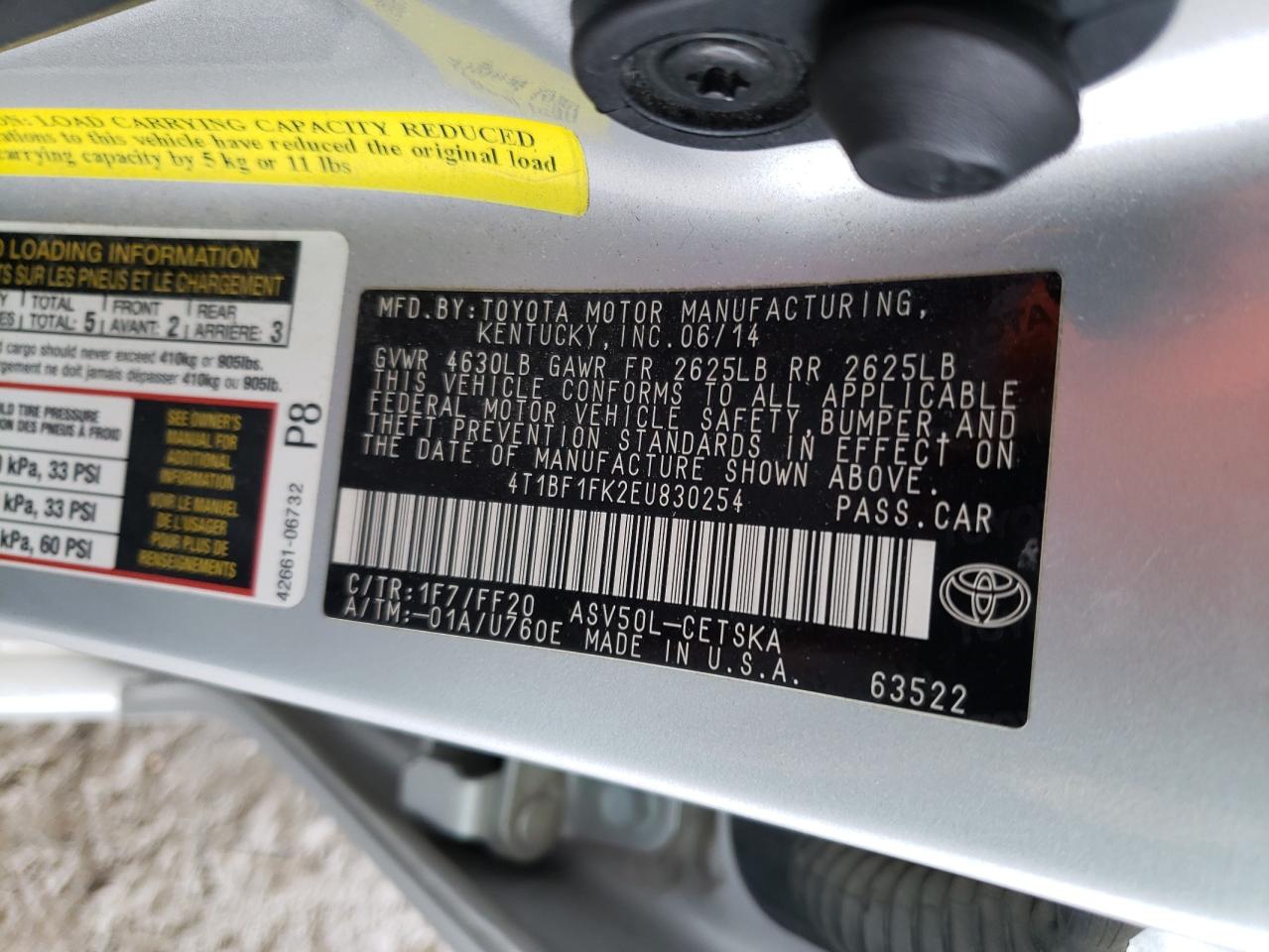 Photo 10 from auction – 2014 TOYOTA CAMRY L with VIN 4T1BF1FK2EU830254