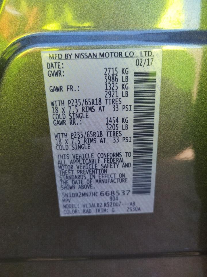 Photo 10 from auction – 2017 NISSAN PATHFINDER with VIN 5N1DR2MN7HC668537