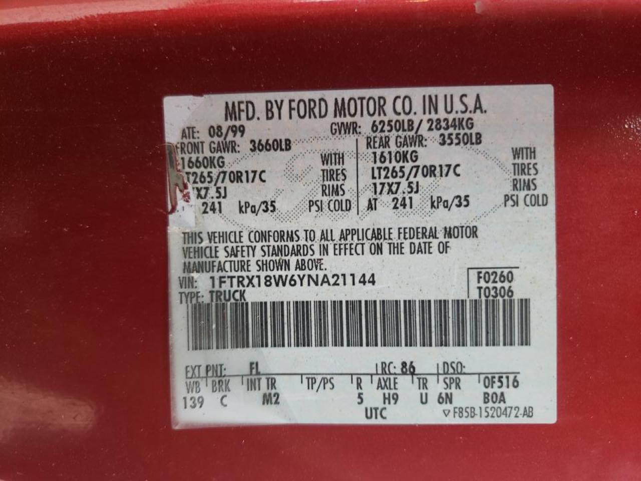 Photo 10 from auction – 2000 FORD F150 with VIN 1FTRX18W6YNA21144