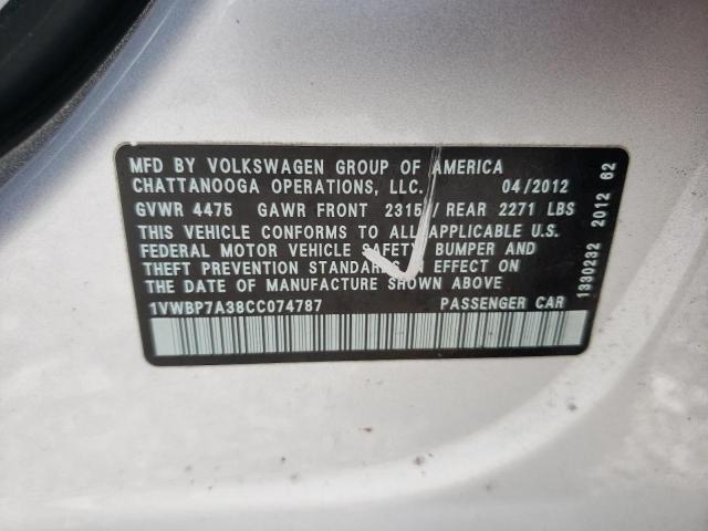 Photo 10 from auction – 2012 VOLKSWAGEN PASSAT SE with VIN 1VWBP7A38CC074787