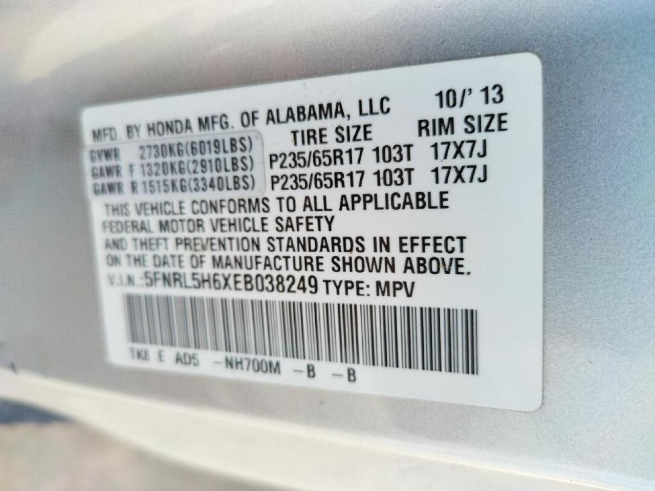 Photo 10 from auction – 2014 HONDA ODYSSEY EX with VIN 5FNRL5H6XEB038249