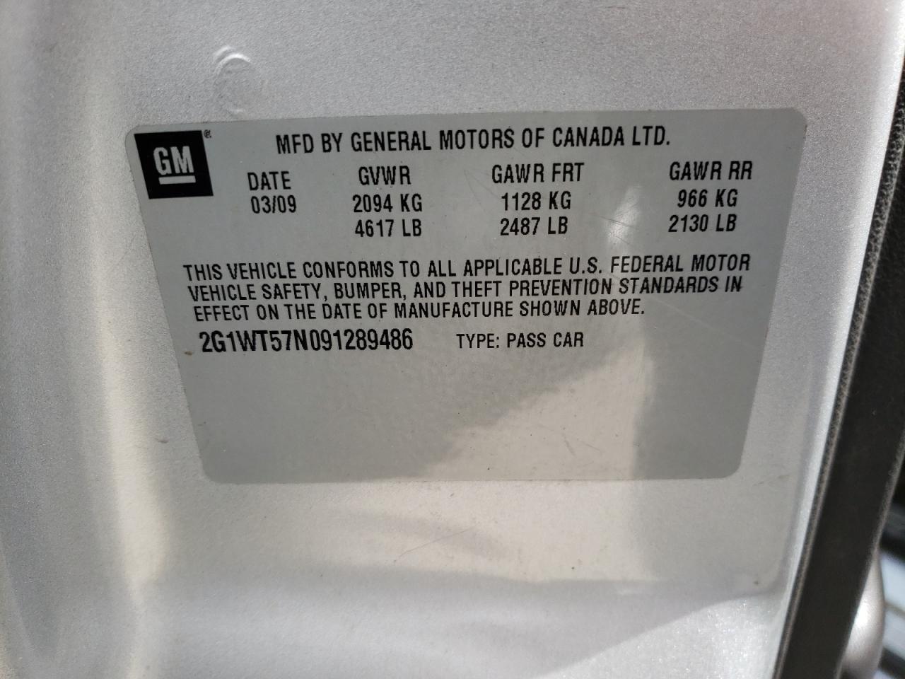 Photo 10 from auction – 2009 CHEVROLET IMPALA 1LT with VIN 2G1WT57N091289486