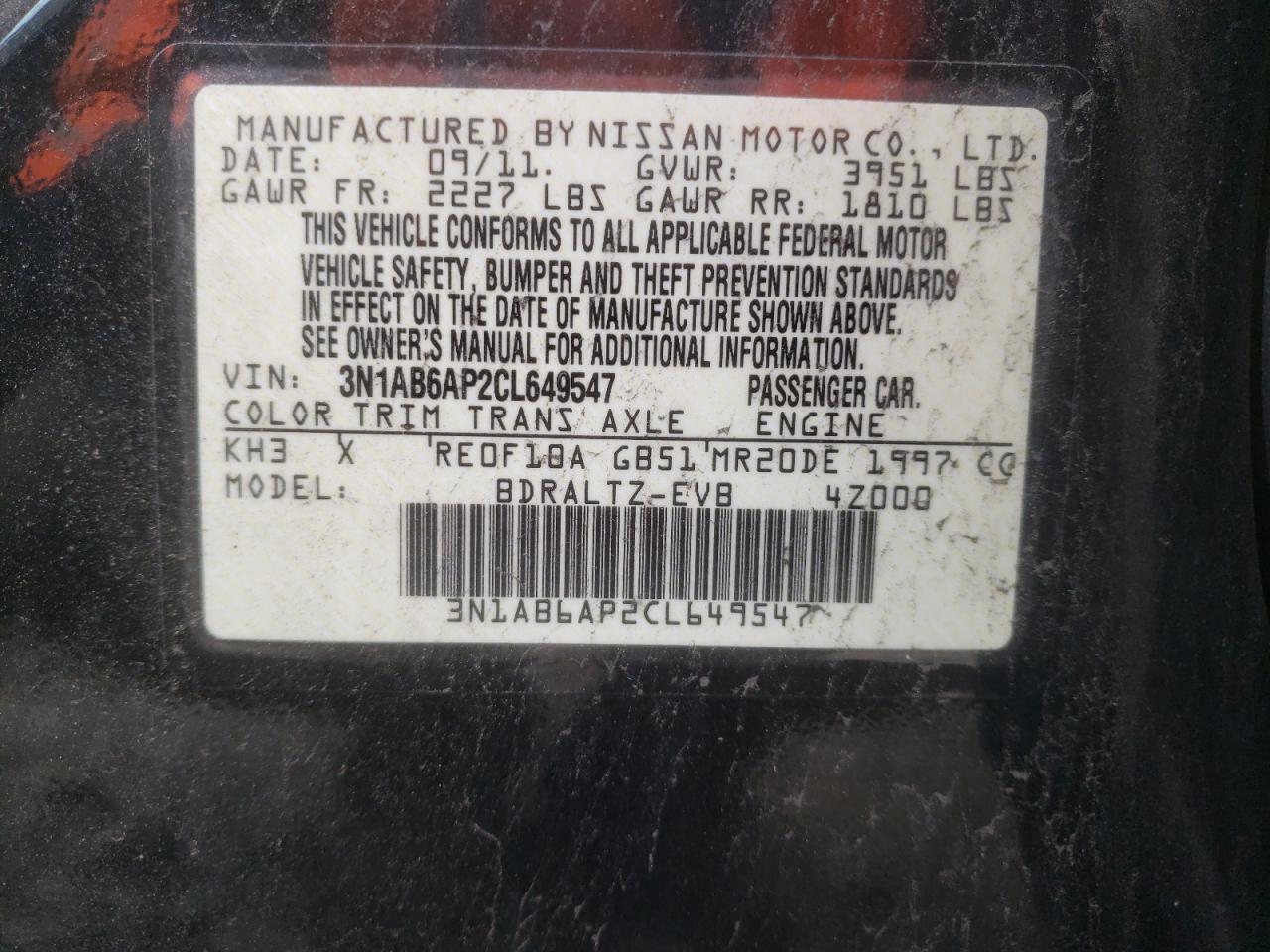 Photo 10 from auction – 2012 NISSAN SENTRA 2.0 with VIN 3N1AB6AP2CL649547