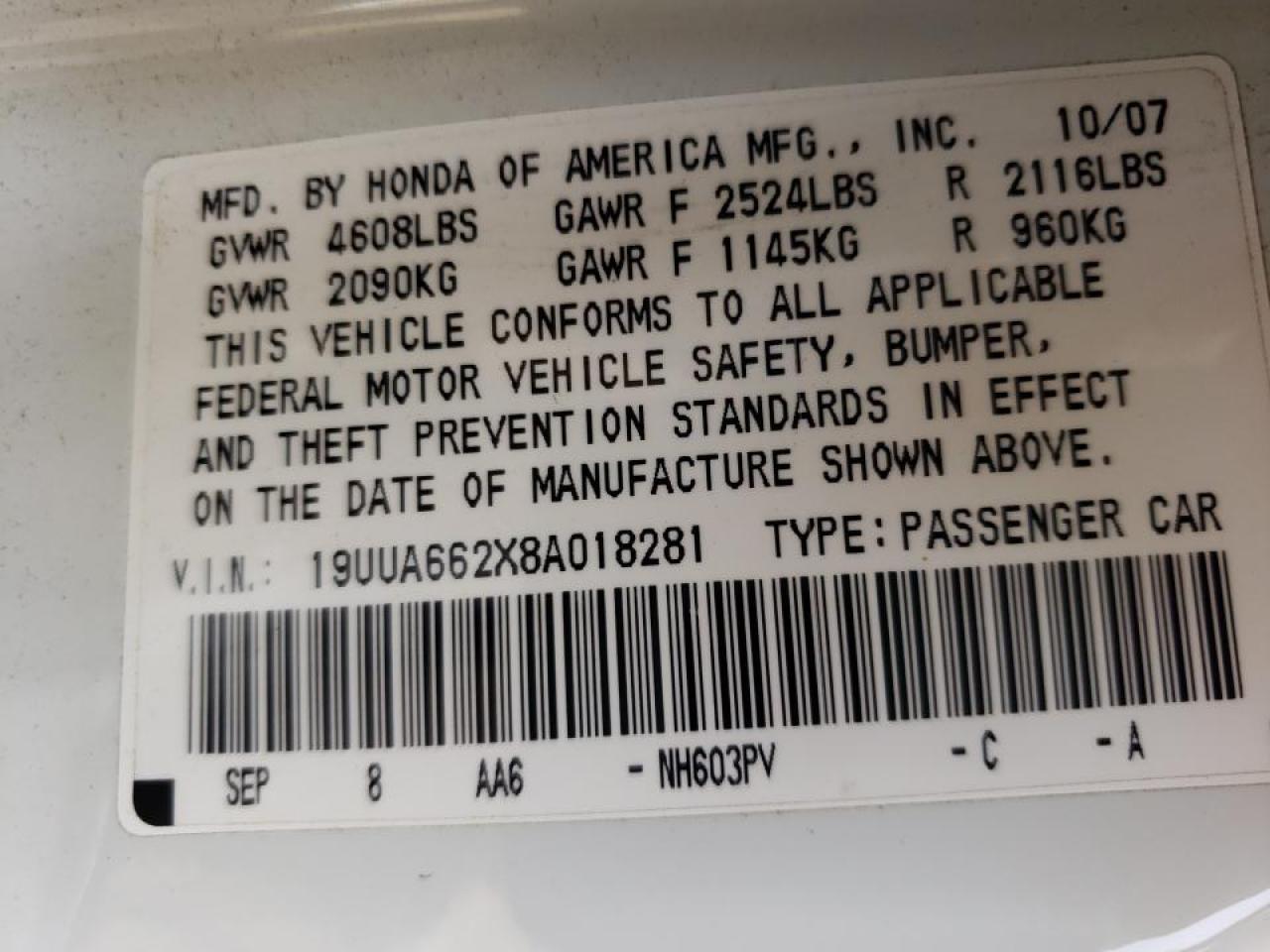 Photo 10 from auction – 2008 ACURA TL with VIN 19UUA662X8A018281