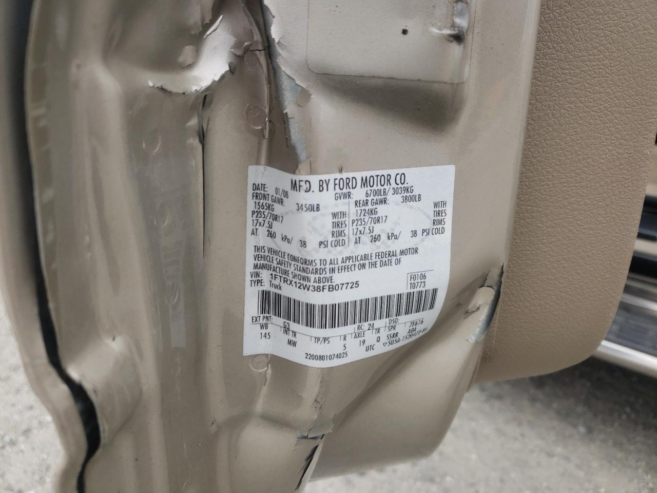 Photo 10 from auction – 2008 FORD F150 with VIN 1FTRX12W38FB07725