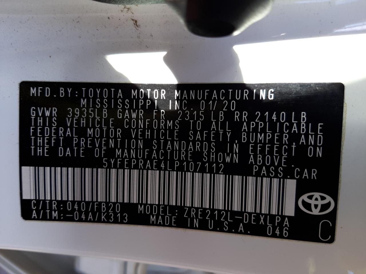 Photo 10 from auction – 2020 TOYOTA COROLLA LE with VIN 5YFEPRAE4LP107112