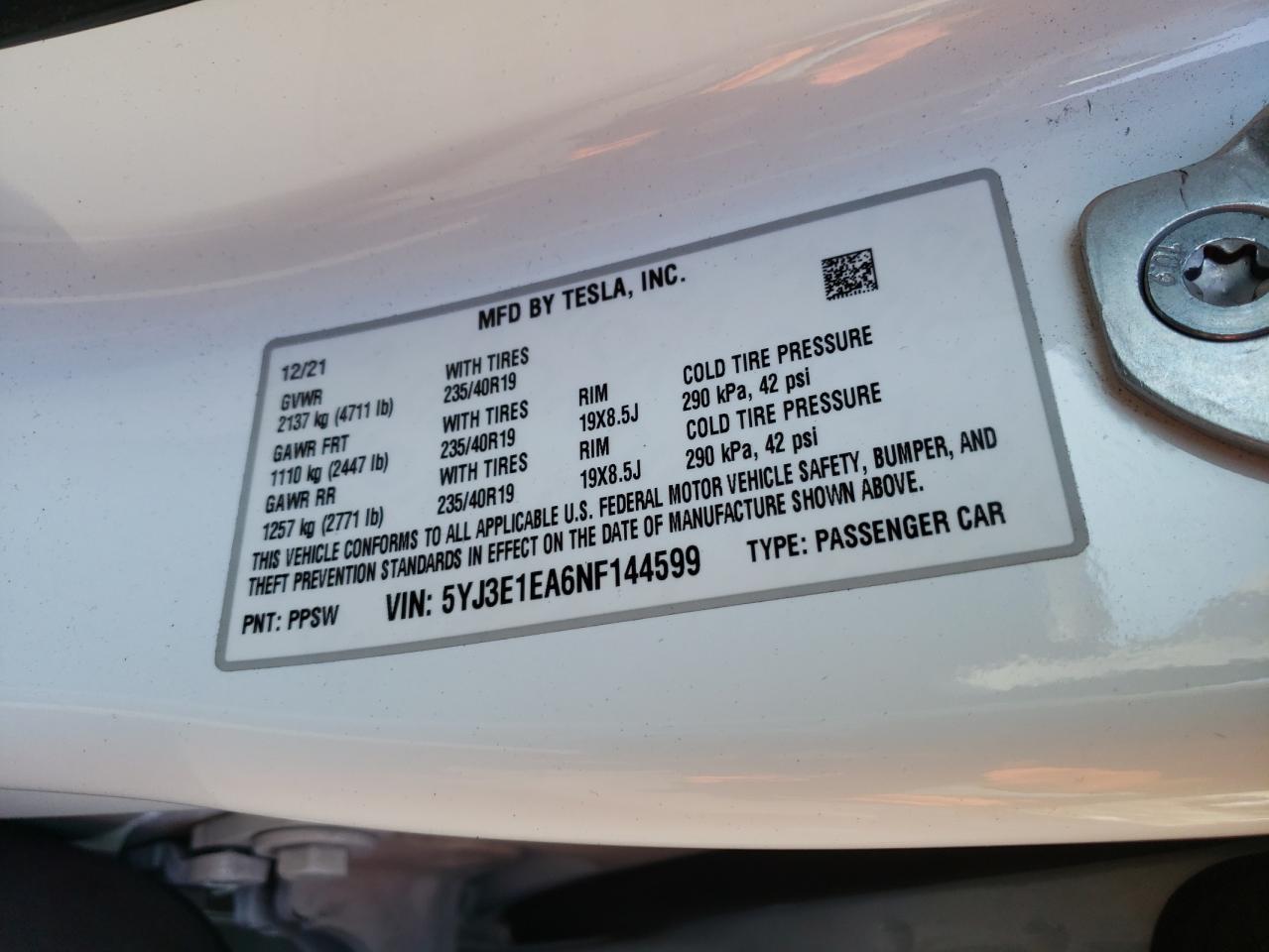 Photo 10 from auction – 2022 TESLA MODEL 3 with VIN 5YJ3E1EA6NF144599
