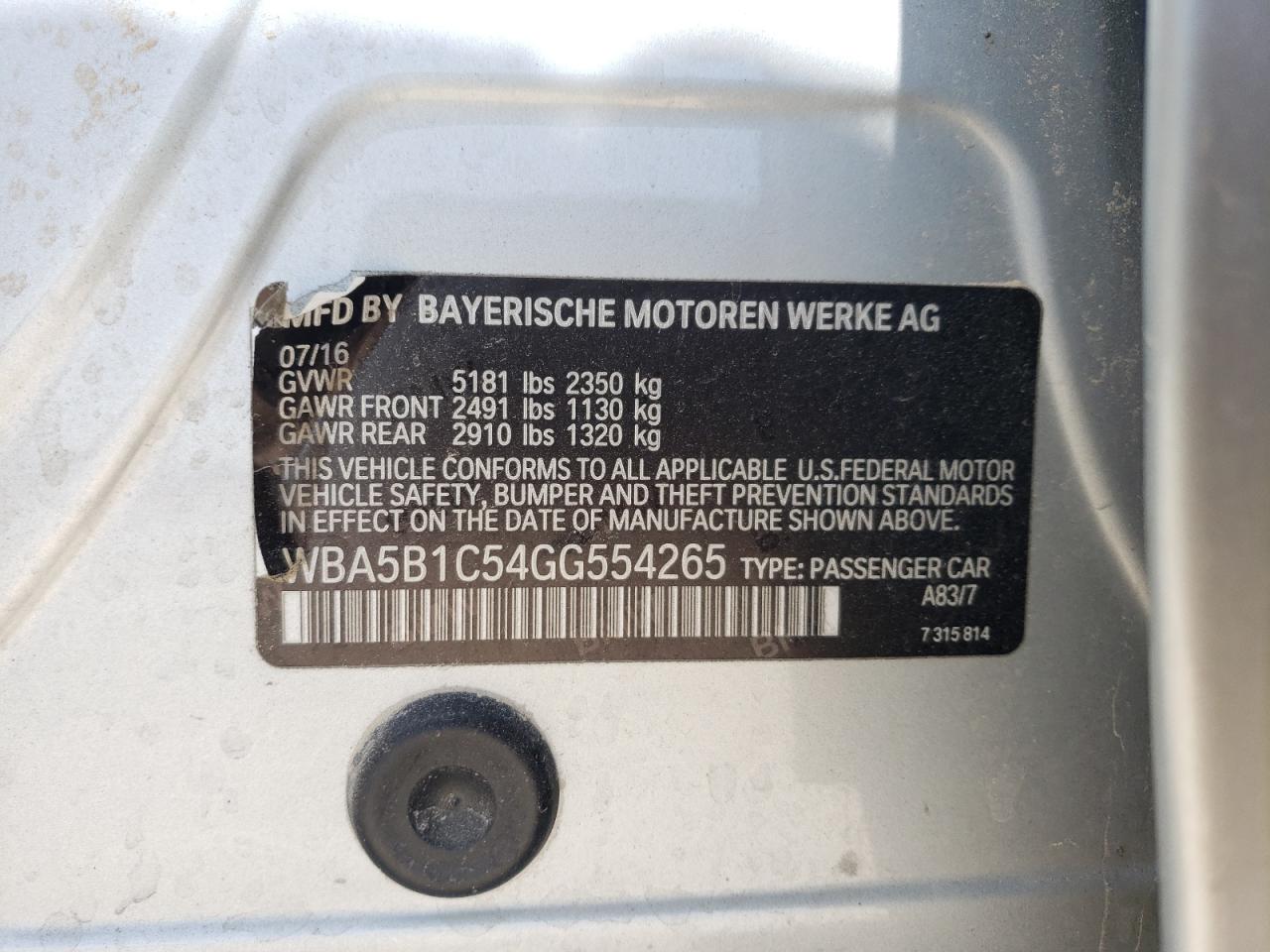 Photo 10 from auction – 2016 BMW 535 I with VIN WBA5B1C54GG554265