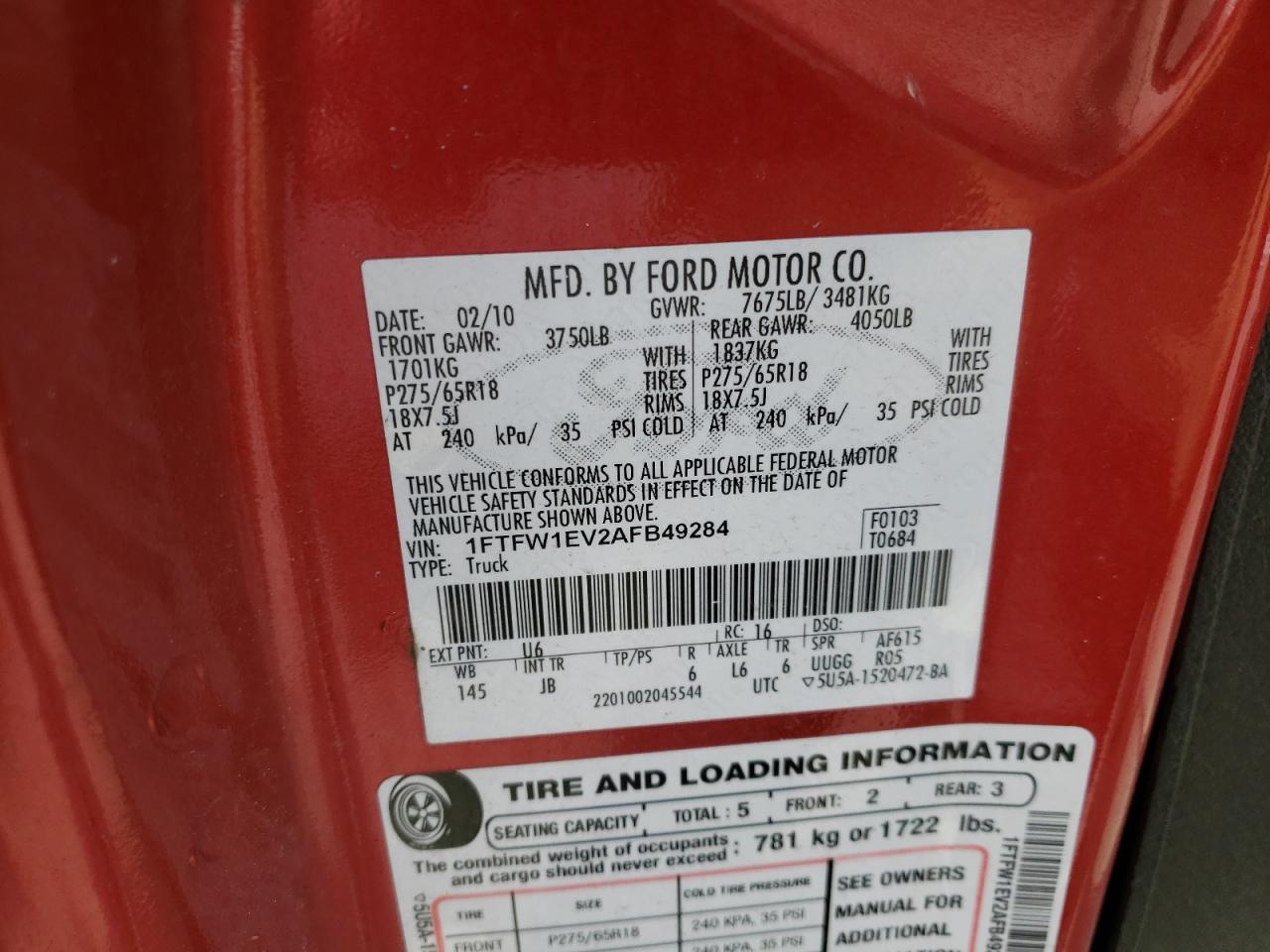 Photo 10 from auction – 2010 FORD F150 SUPER with VIN 1FTFW1EV2AFB49284