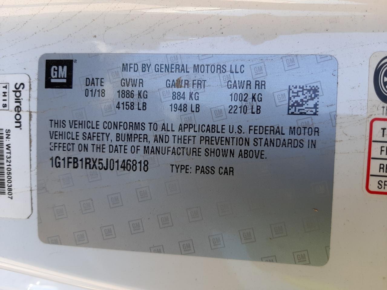 Photo 10 from auction – 2018 CHEVROLET CAMARO LT with VIN 1G1FB1RX5J0146818