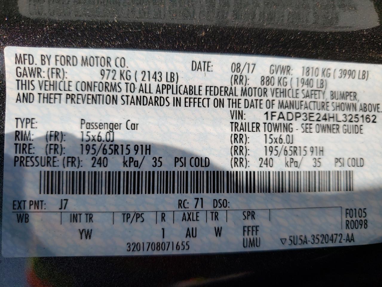 Photo 10 from auction – 2017 FORD FOCUS S with VIN 1FADP3E24HL325162