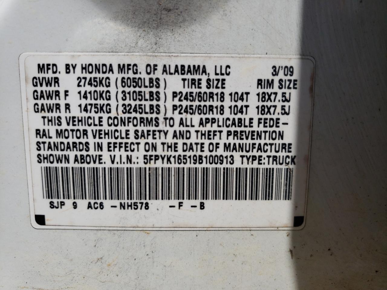 Photo 10 from auction – 2009 HONDA RIDGELINE with VIN 5FPYK16519B100913