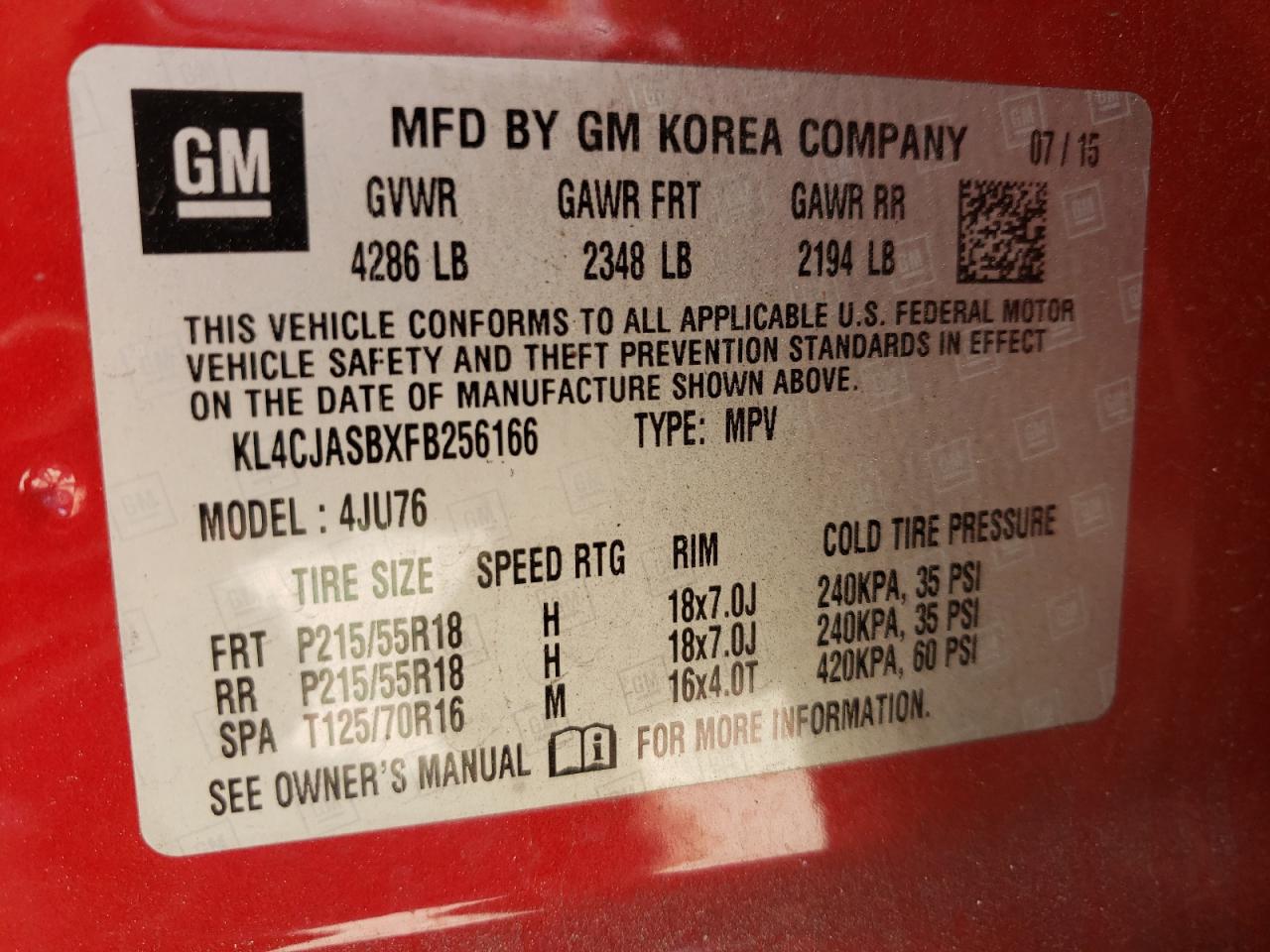 Photo 10 from auction – 2015 BUICK ENCORE with VIN KL4CJASBXFB256166