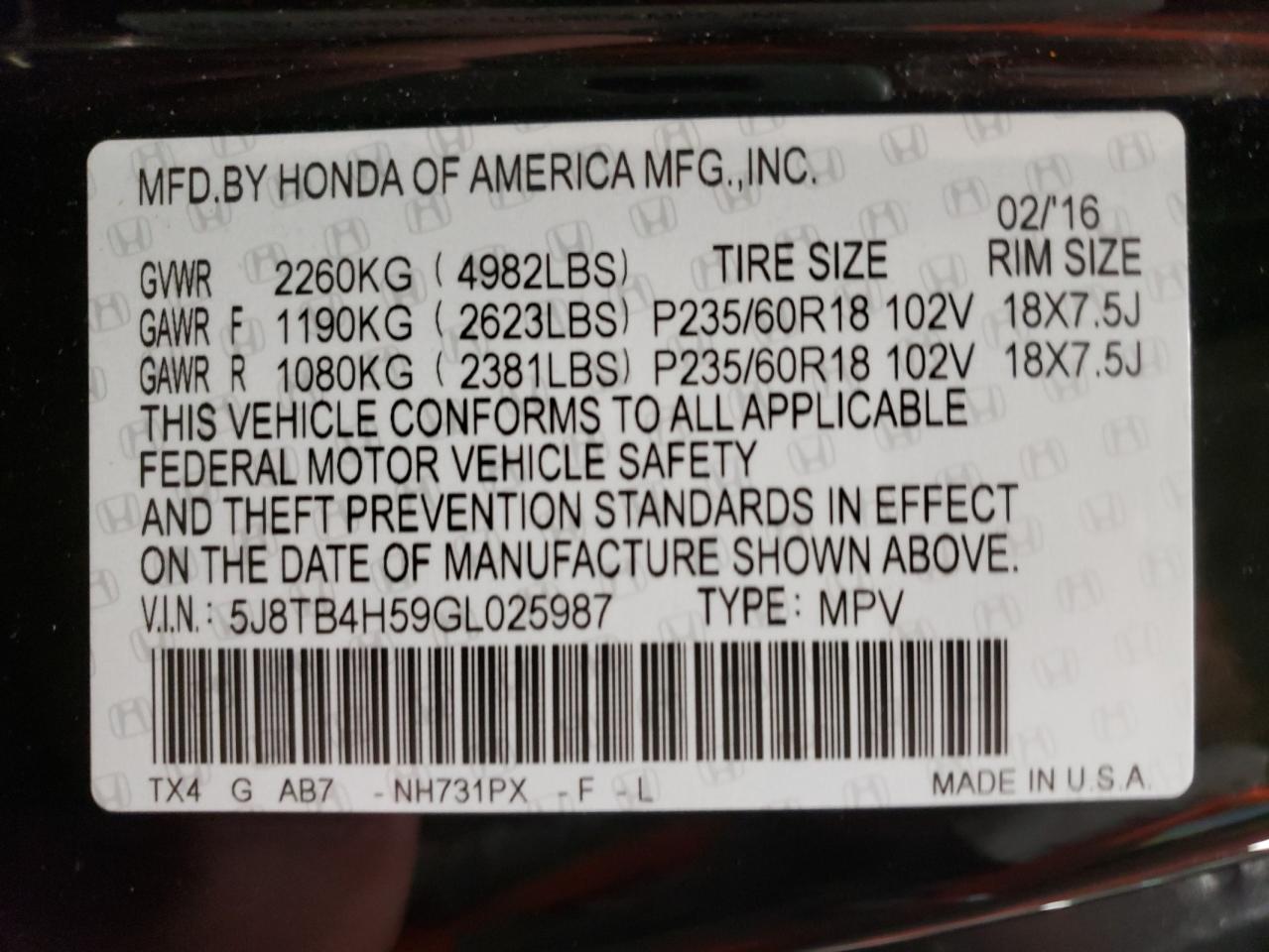 Photo 10 from auction – 2016 ACURA RDX TECHNO with VIN 5J8TB4H59GL025987