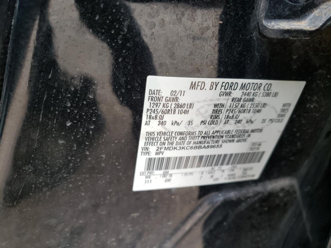 Photo 10 from auction – 2011 FORD EDGE LIMIT with VIN 2FMDK3KC6BBA89655