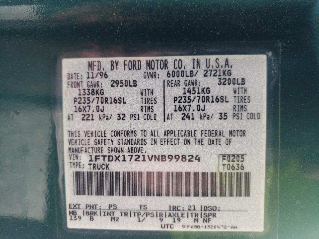 Photo 10 from auction – 1997 FORD F150 with VIN 1FTDX1721VNB99824