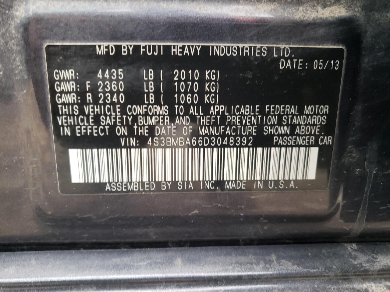 Photo 10 from auction – 2013 SUBARU LEGACY 2.5 with VIN 4S3BMBA66D3048392