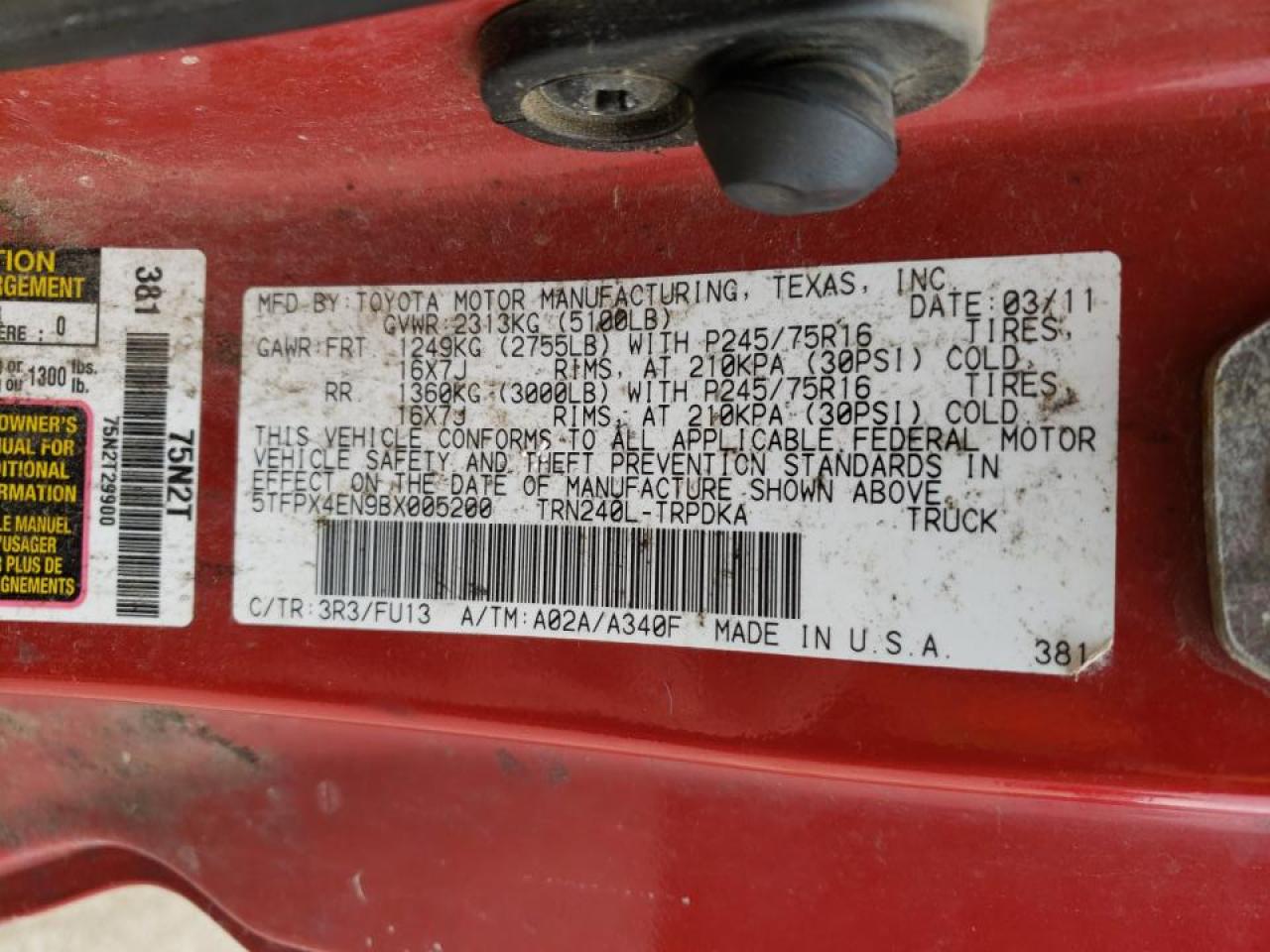 Photo 10 from auction – 2011 TOYOTA TACOMA with VIN 5TFPX4EN9BX005200
