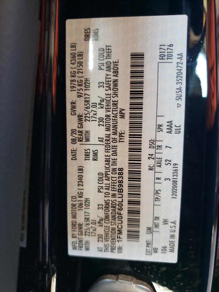Photo 10 from auction – 2020 FORD ESCAPE S with VIN 1FMCU0F60LUB98388