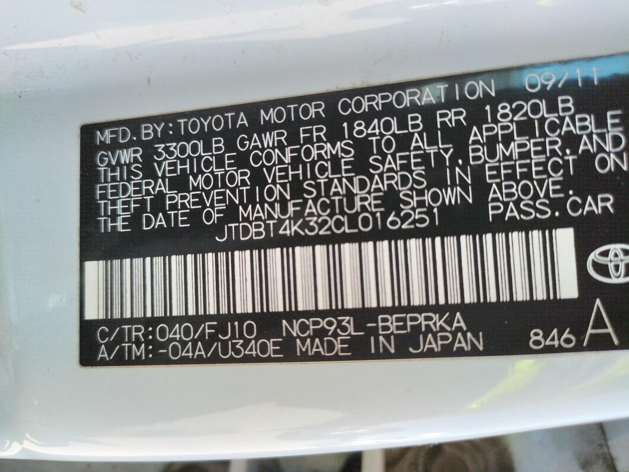 Photo 10 from auction – 2012 TOYOTA YARIS with VIN JTDBT4K32CL016251