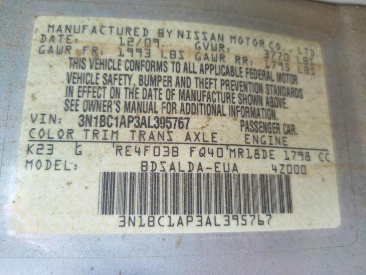 Photo 10 from auction – 2010 NISSAN VERSA S with VIN 3N1BC1AP3AL395767