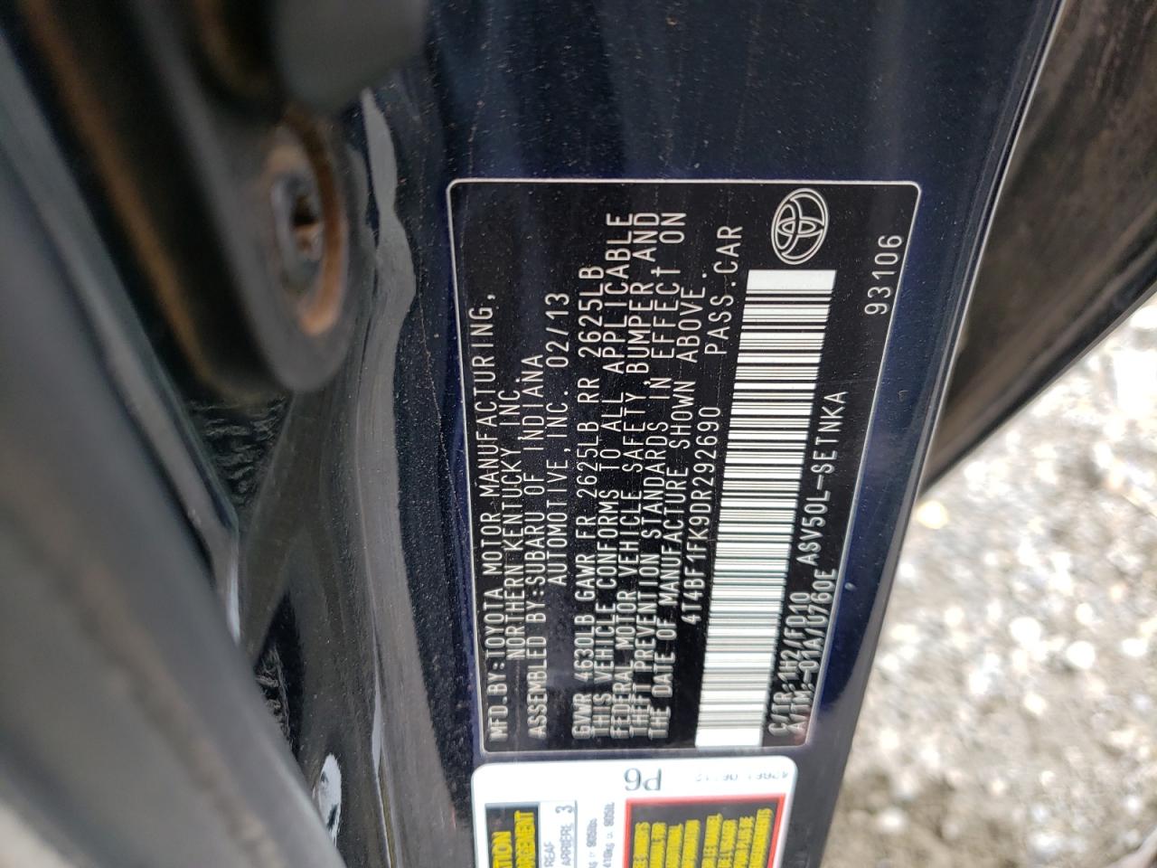 Photo 10 from auction – 2013 TOYOTA CAMRY L with VIN 4T4BF1FK9DR292690