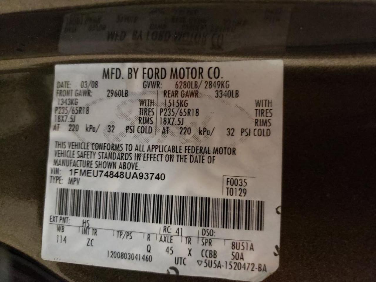 Photo 10 from auction – 2008 FORD EXPLORER E with VIN 1FMEU74848UA93740