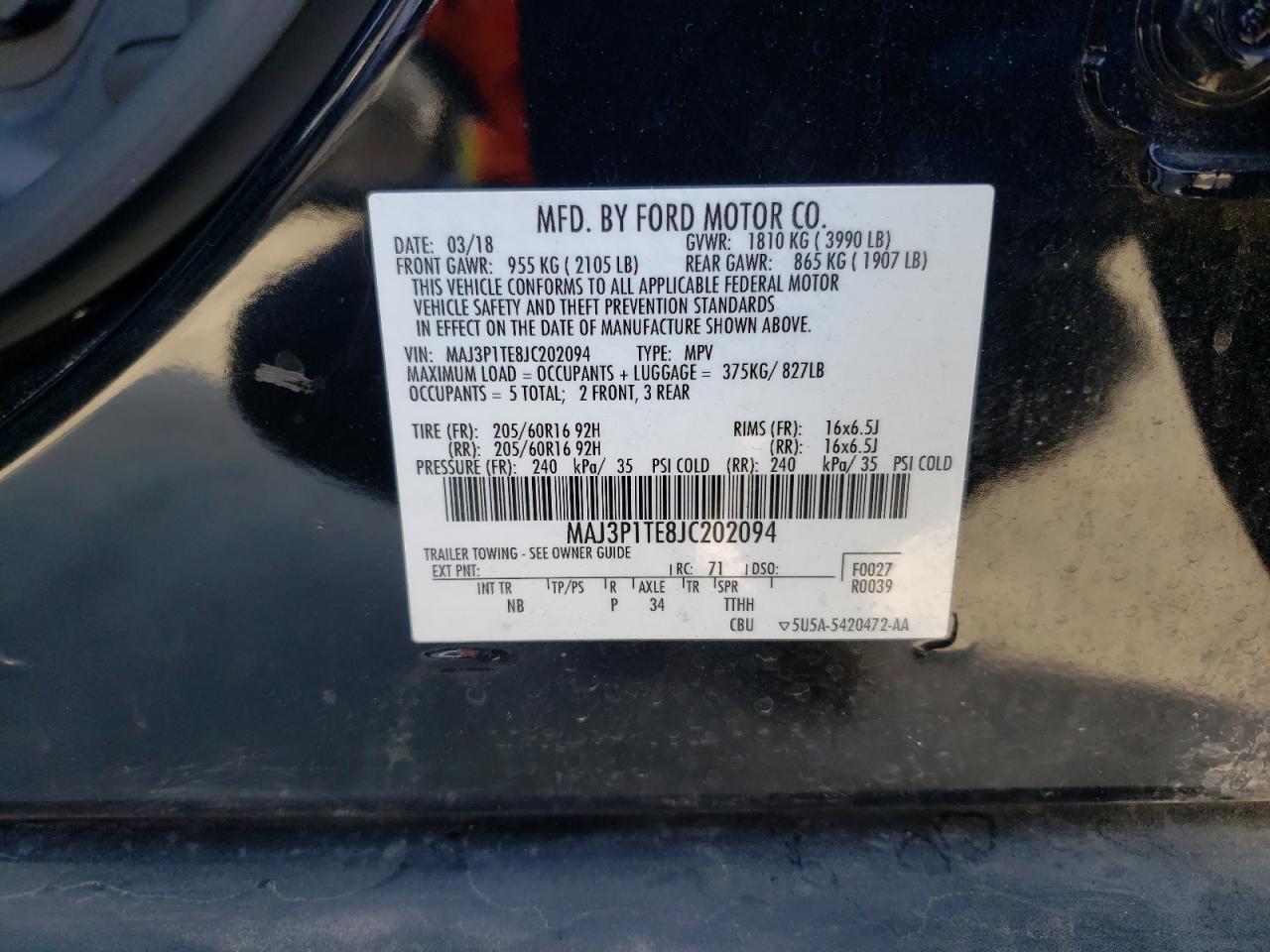 Photo 10 from auction – 2018 FORD ECOSPORT S with VIN MAJ3P1TE8JC202094