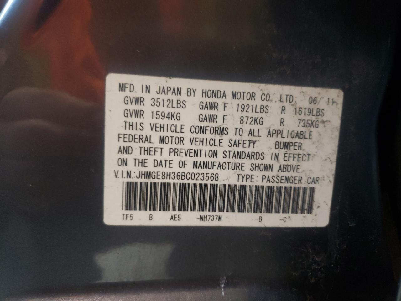 Photo 10 from auction – 2011 HONDA FIT with VIN JHMGE8H36BC023568
